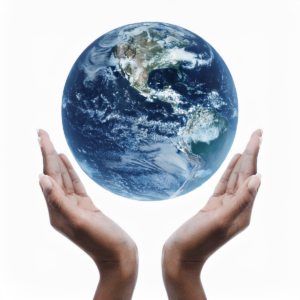 Two open hands cradle a floating globe showing North and South America against a white background.